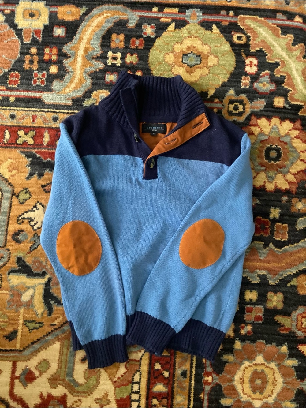 Colorblock Knit Sweater in Light Blue & Navy with Tan Elbow Patches